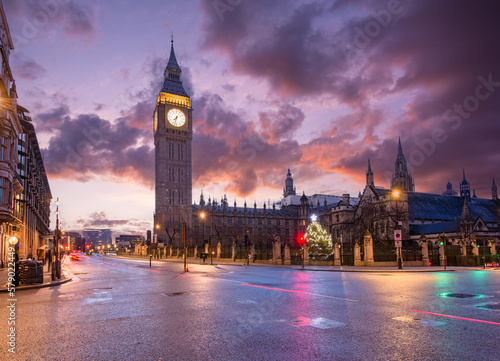 Big Ben and Houses of Parliament in London  UK. Colorful sunrise