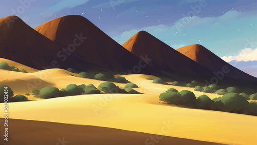 Rocky Desert with Some Bushes during Night Detailed Hand Drawn Painting Illustration