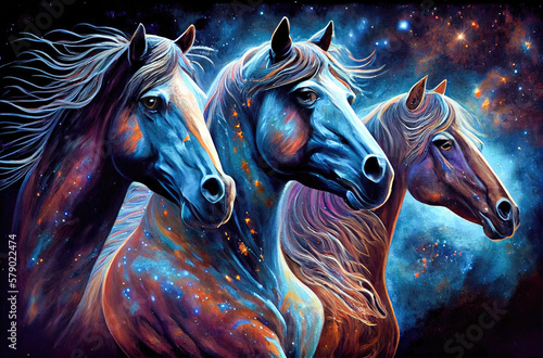 Horses Oil Painting. Generative AI. 
