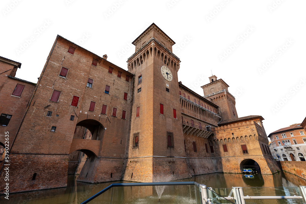 Estense Castle or Castle of San Michele (1385), medieval castle isolated on white or transparent background, png. Ferrara, Emilia-Romagna, northern Italy, Europe.