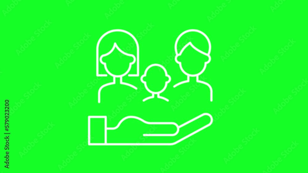 Animated family white line icon. Social protection. Life insurance. Loop HD video with chroma key, alpha channel on transparent background, black solid background. Outline motion graphic animation