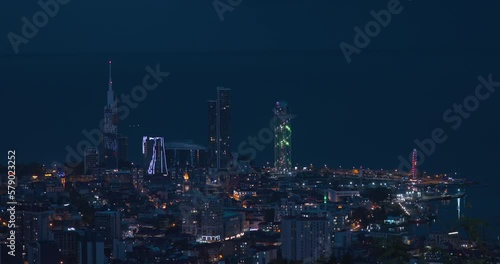 Batumi, Adjara, Georgia Aerial View Of Urban Cityscape At Night. Black Sea Skyline. photo