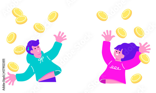 降ってくるコインに驚く男女のイラスト
