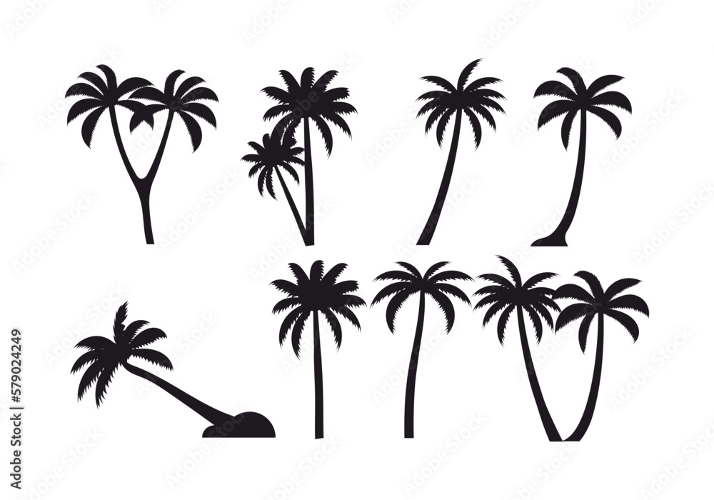 various coconut palm silhouettes on the with background