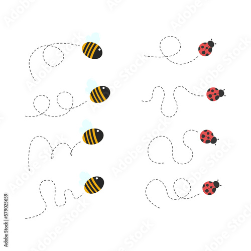 insect illustration design of bee and ladybug with trail behind. ladybugs and bees. flight trail. cute little bee and ladybug insect