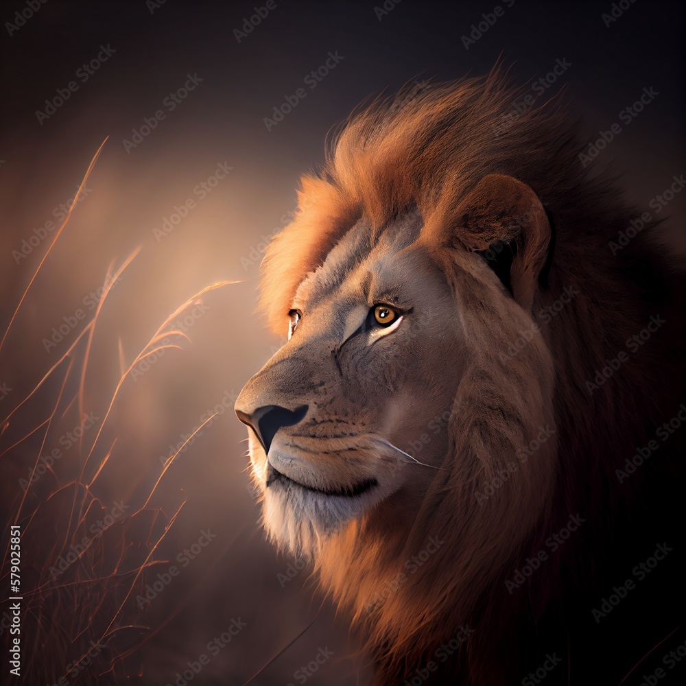 Naklejka premium close up portrait of a fierce lion looking throw the savana during the sunset