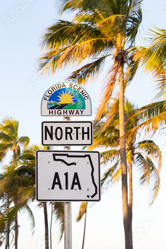 A1A north road sign seen on the Fort Lauderdale Beach Blvd during a sunny winter late afternoon, Fort Lauderdale, Florida, USA photo