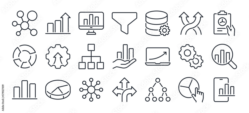 Data structure and analysis concept editable stroke outline icon isolated on white background flat vector illustration. Pixel perfect. 64 x 64. - obrazy, fototapety, plakaty 