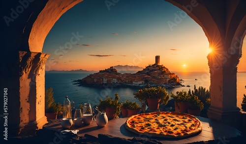 Pizza italiana con vistas al mar en el atardecer