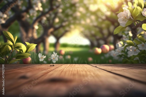 Background. Wooden surface on the background of apple trees. AI generative.