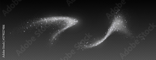 Silver glitter splashes, shiny star dust explosion, shimmer spray effect, festive holiday particles isolated on a dark background. Vector illustration.
