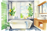 イメージ素材：モダンな浴室（洗面所）の水彩画イラストGenerative AI 