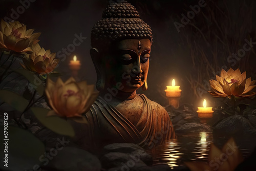 Buddha statue with a lotus flowers and burning candles floating on the water. Generative Ai.