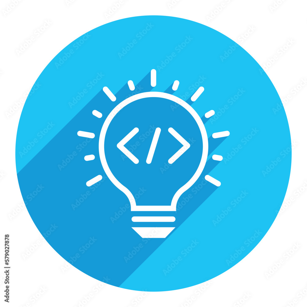 Light bulb and coding sign. long shadow design. blue background. Light bulb and coding sign. long shadow design. blue background.