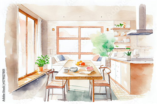 イメージ素材：モダンなリビングの水彩画イラスト Generative AI