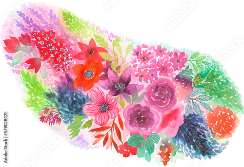 Isolated image of watercolor flowers. Spring composition of roses, lilies, leaves, twigs and petals on a transparent background