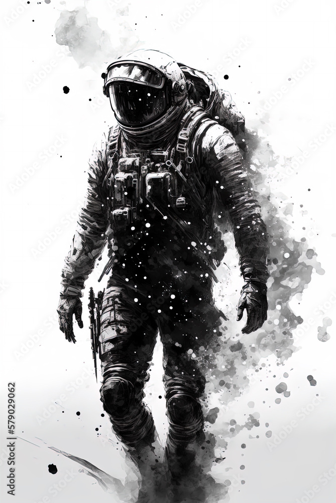 Astronaut in spacesuit, astronaut walking on an unexplored planet, black and white watercolor illustration isolated on white, generative ai