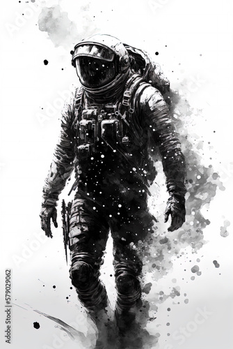 Valokuva Astronaut in spacesuit, astronaut walking on an unexplored planet, black and whi