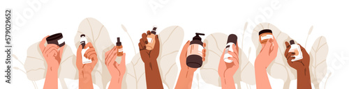 Cosmetic bottles in hands. Holding beauty products for skin care. Organic lotions, oil, serum, face cream in packagings, tubes, droppers. Flat graphic vector illustration isolated on white background