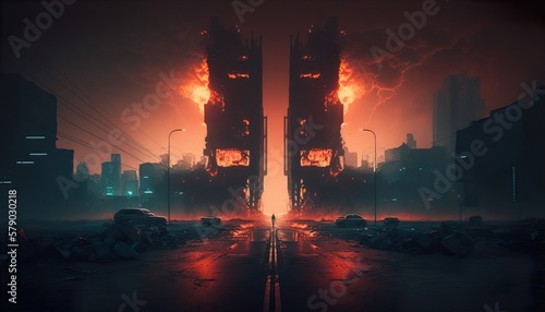Dramatic scenery of megapolis with burning skyscrapers surrounded by smoke and cracked road with silhouette of man. Ai generative
