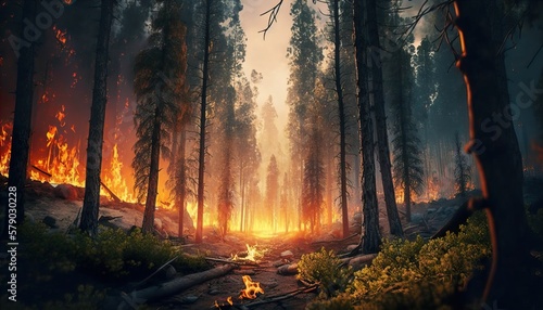 AI picture of burning fire in lush woods