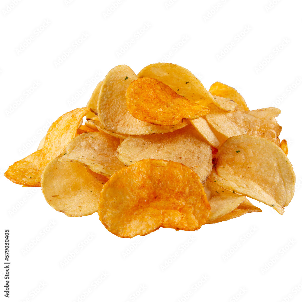 Pile of potato chips isolated on transparent background. Tantalizing blend of smoky and savory Pile of potato chips isolated on transparent background. Tantalizing blend of smoky and savory