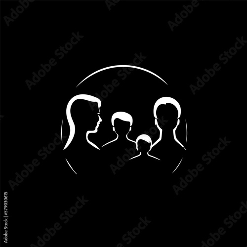 Minimalistic logo template, white icon of family silhouette on black background, modern logotype concept for business identity, t-shirts print, infographic pictogram Vector illustration