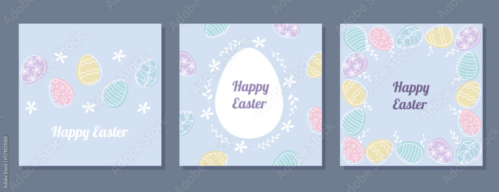 Happy Easter greeting cards and backgrounds set eggs pattern and floral ornament light purple