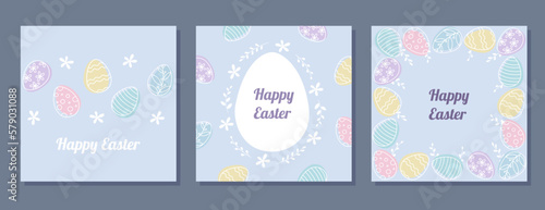 Happy Easter greeting cards and backgrounds set eggs pattern and floral ornament light purple