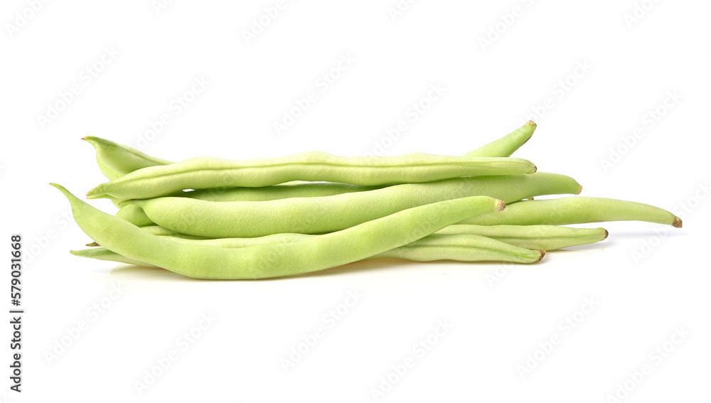 Bunch of raw bush beans, green beans on white background. Bunch of raw bush beans, green beans on white background.