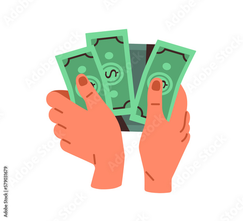 Hand holding money, finance bills. Counting dollar banknotes, financial paper bank notes. Wages, payoff, salary, income, economy concept. Flat vector illustration isolated on white background