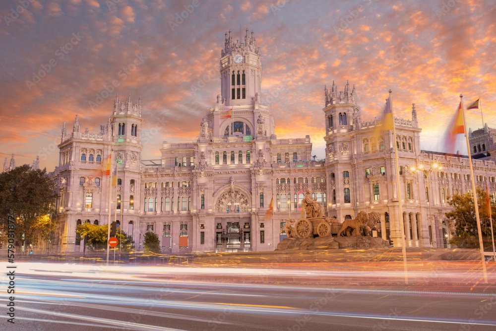 Madrid Spain, sunrise city skyline at Cibeles Fountain Town Square