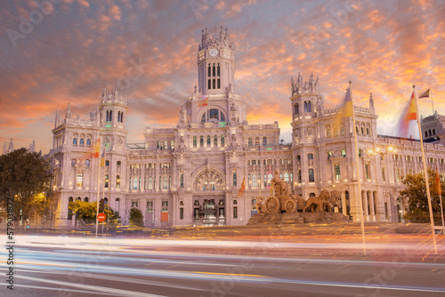 Madrid Spain, sunrise city skyline at Cibeles Fountain Town Square