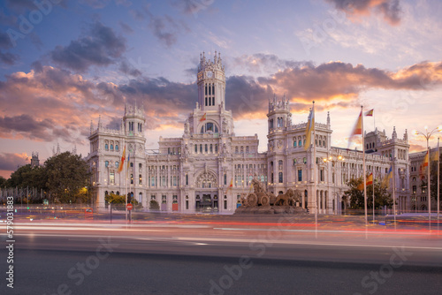 Madrid Spain, sunrise city skyline at Cibeles Fountain Town Square photo