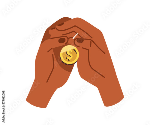 Saving money concept. Frugal thrifty hands holding, keeping dollar coin in palms. Financial economical concept. Finance, economy, frugality. Flat vector illustration isolated on white background