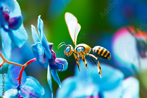 Obraz na płótnie Artificial Bees and Blue Orchid Pollination: A 3D Rendering of Automated Insects w salonie