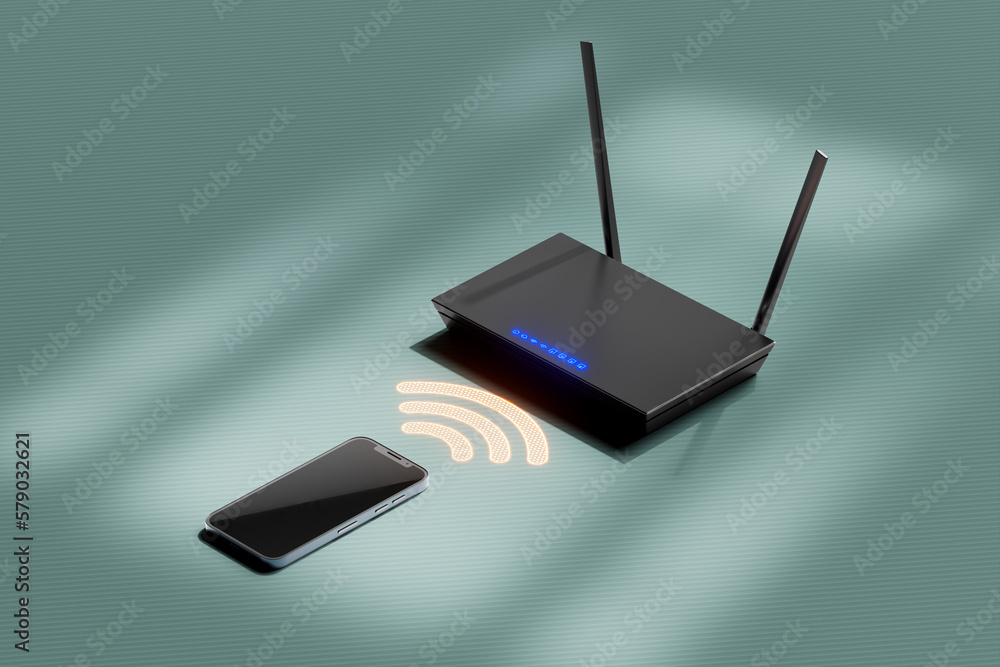 3D rendering of a smartphone wirelessly communicating with a router. Technology.