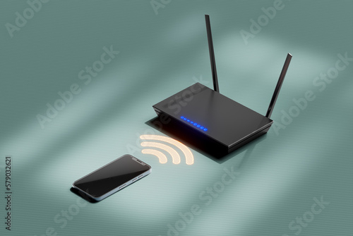 Obraz na płótnie 3D rendering of a smartphone wirelessly communicating with a router. Technology. w salonie