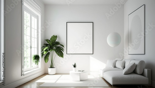 Frame mockup in a modern living room. Wall art framed canvas poster mockup. Interior design for living room. Generative AI