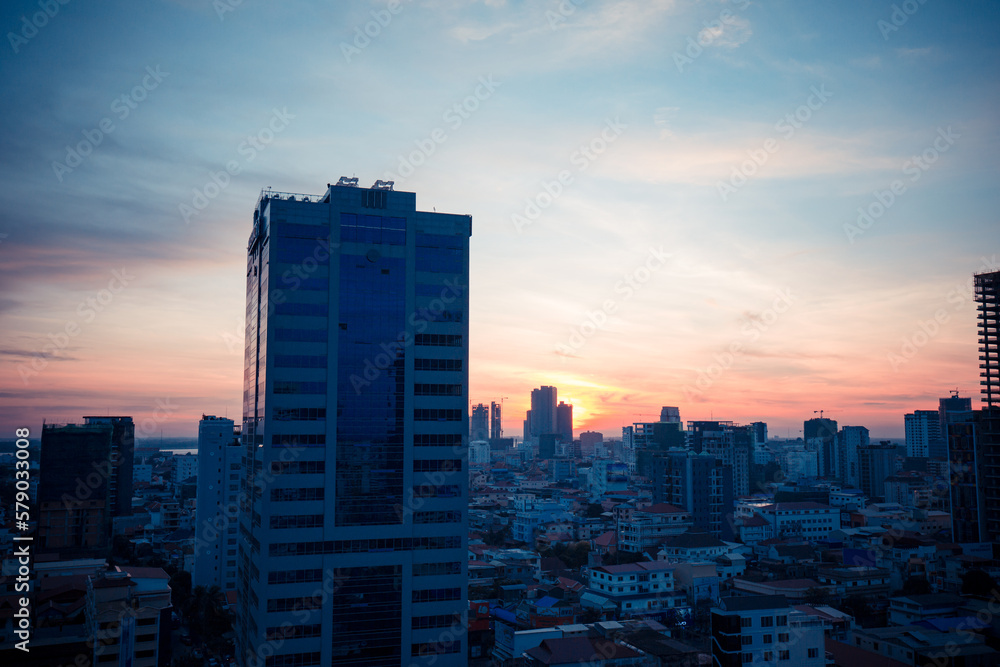 Sunrise over the city Phnom Penh Cambodia