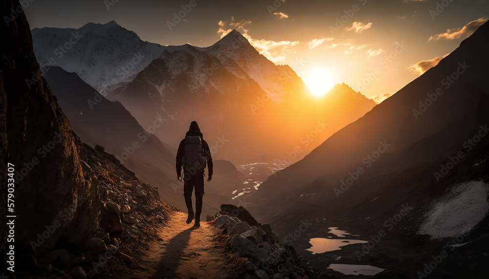 Hiker in the mountains at sunset, Hiking in the Himalayas, Generative AI