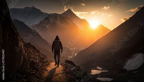 Hiker in the mountains at sunset  Hiking in the Himalayas  Generative AI