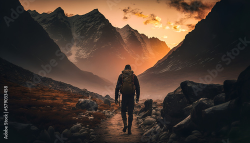 Hiker in the mountains at sunset  Hiking in the Himalayas  Generative AI