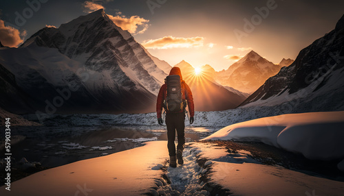Hiker in the mountains at sunset, Hiking on Mount Everest, Generative AI