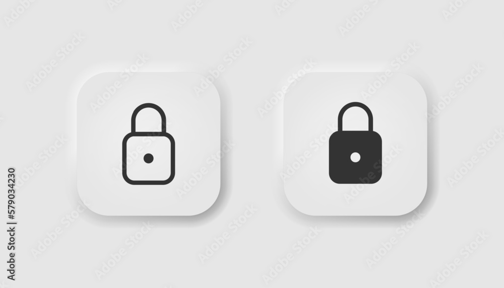 Lock icon in neumorphism style. Icons for business, white UI, UX. Locked symbol. Password, safety, secure, login, private, padlock, for app. Neumorphic, line style. Vector illustration. Lock icon in neumorphism style. Icons for business, white UI, UX. Locked symbol. Password, safety, secure, login, private, padlock, for app. Neumorphic, line style. Vector illustration.