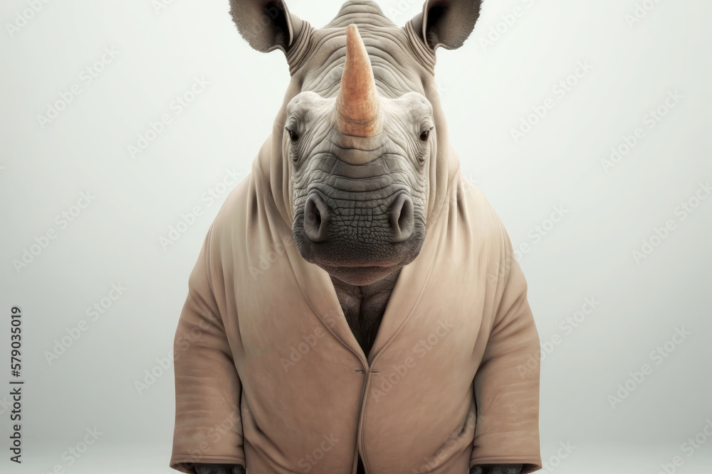 Generative AI illustration of a portrait of a rhinoceros looking at the camera, dressed in a housecoat against a white background
