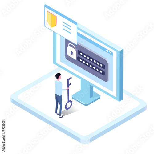 a isometric illustration of  desktop pc with online security 