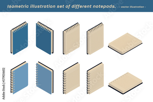 さまざまなメモ帳のアイソメトリックイラストセット