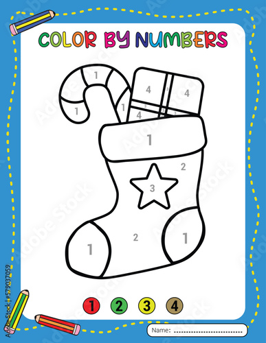 Christmas Sock Cartoon. Christmas coloring page for kids. Activity Book. Christmas color by number for kids. Activity Book.
