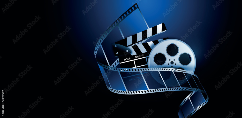 sfondo, ciak cinema, bobina con pellicola cinema su sfondo blu